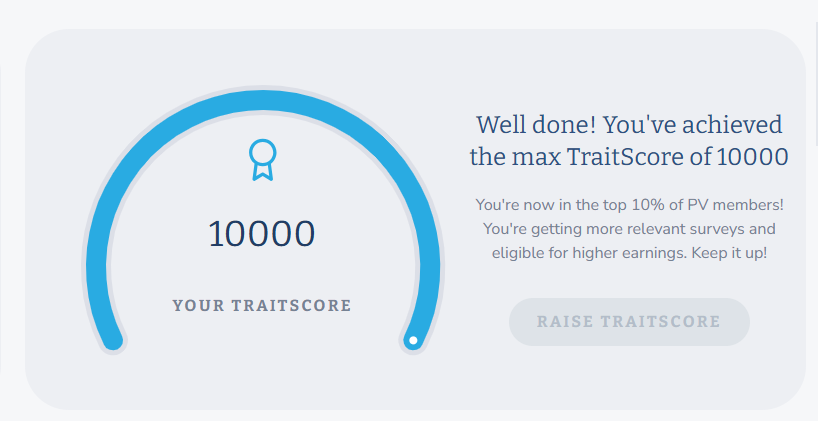 My PaidViewpoint account showing a maximum TraitScore of 10,000 and top 10 percent member message